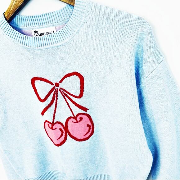 ๐ 3/$10 ๐ No Boundaries Cherry Design Sweater Light Blue Red Size Small - Picture 6 of 13